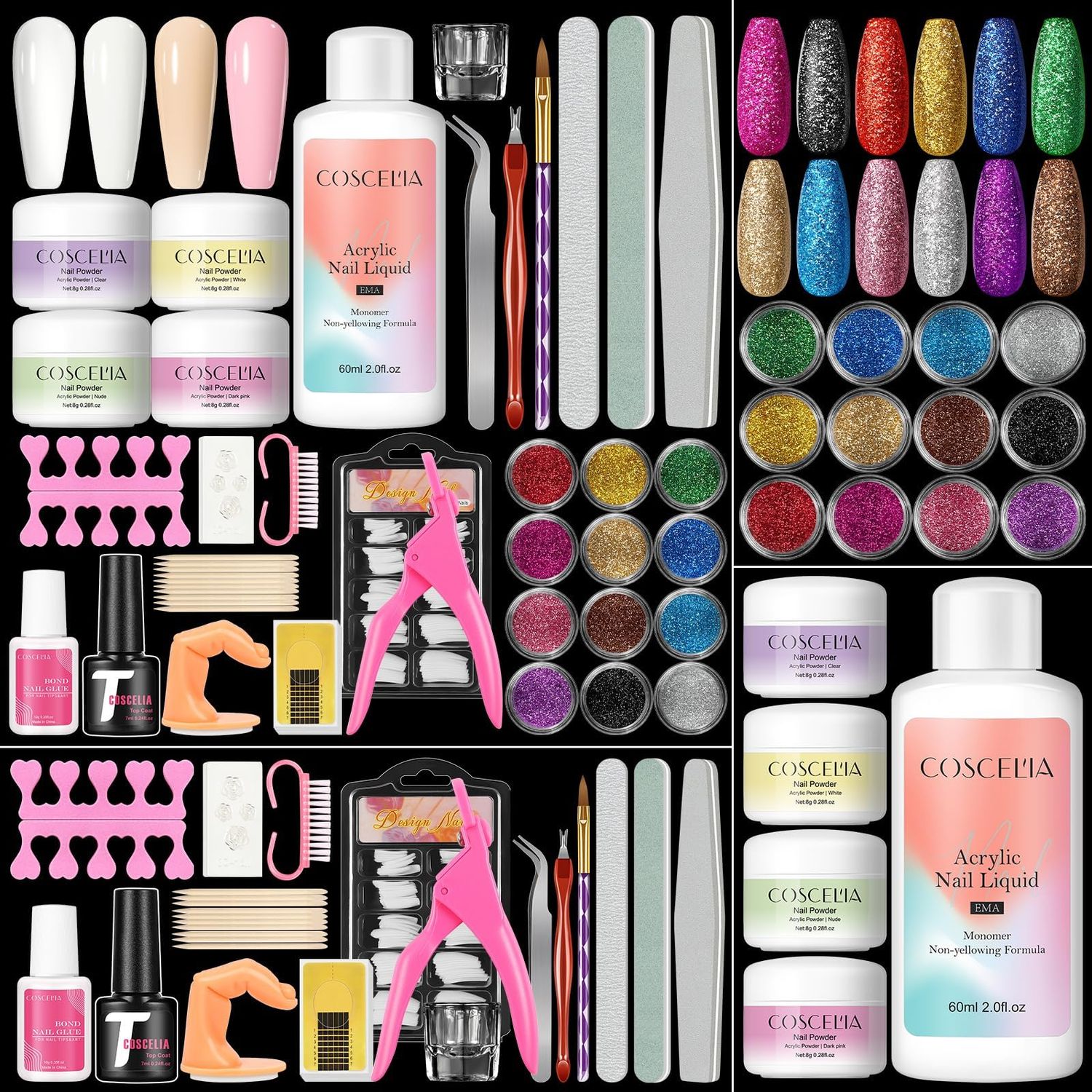 COSCELIA 25PC Acrylic Nail Kit,Pink Clear White Glitter Nail Kit Acrylic Set with Decoration Powder False Nail Tip Beginner Complete Nail Kit DIY