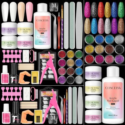 COSCELIA 25PC Acrylic Nail Kit,Pink Clear White Glitter Nail Kit Acrylic Set with Decoration Powder False Nail Tip Beginner Complete Nail Kit DIY