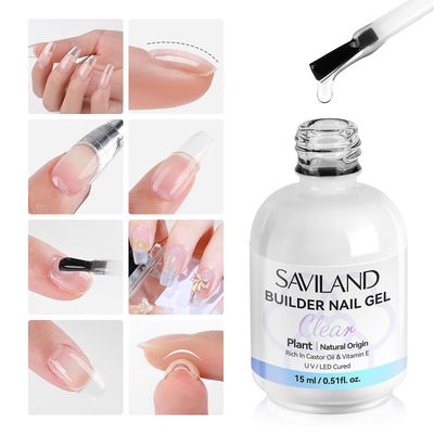 SAVILAND Clear Builder Nail Gel: 8 in 1 Gel Builder for Nails with Vitamin E &amp; Castor Oil, Plant-Based Nail Strengthener Thickening Extension Gels in a Bottle Fix Curved Nails Rhinestone Glue Home Use