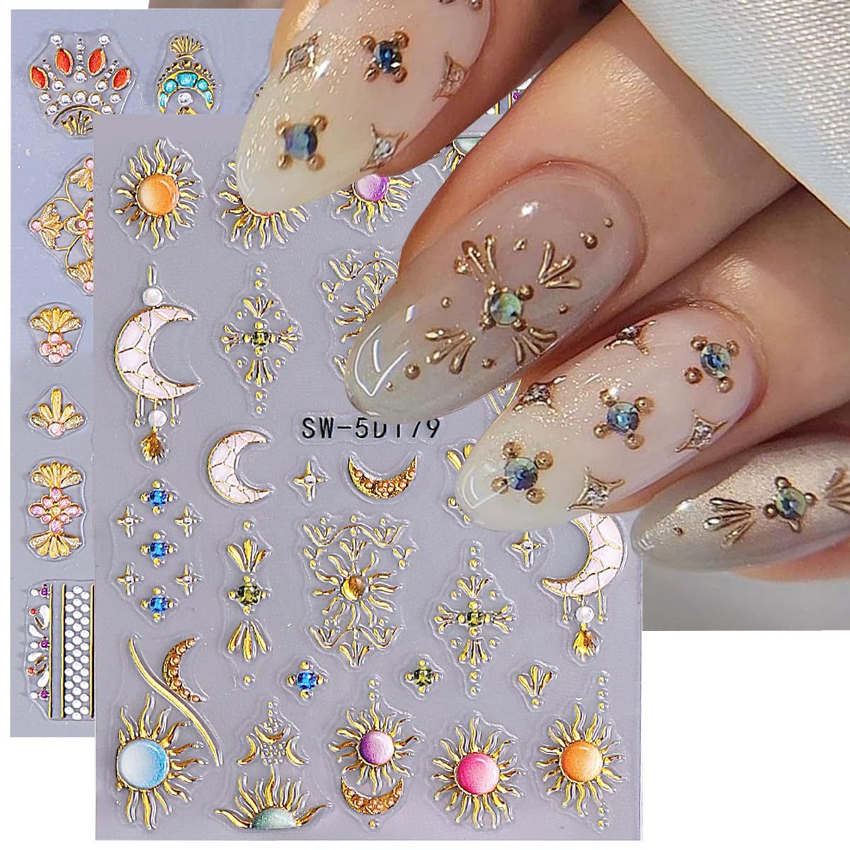 Sun Moon Nail Art Stickers Decals 5D Embossed Bohemian Style Nail Decals 2PCS Metallic Gold Lace Lines Green Gem Luxury Nails Design Adhesive Stickers Manicure Slider for Women Nail Art Decorations
