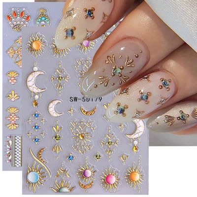 Sun Moon Nail Art Stickers Decals 5D Embossed Bohemian Style Nail Decals 2PCS Metallic Gold Lace Lines Green Gem Luxury Nails Design Adhesive Stickers Manicure Slider for Women Nail Art Decorations