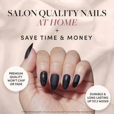 Harry Potter x Glamnetic Press On Nails - Deathly Hallows | Black Harry Potter Graphic Short Almond False Nails, Reusable Stick On Fake Nails with Glue | Salon Quality | 15 Sizes - 30 Nail Kit