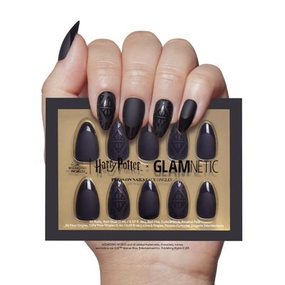 Harry Potter x Glamnetic Press On Nails - Deathly Hallows | Black Harry Potter Graphic Short Almond False Nails, Reusable Stick On Fake Nails with Glue | Salon Quality | 15 Sizes - 30 Nail Kit
