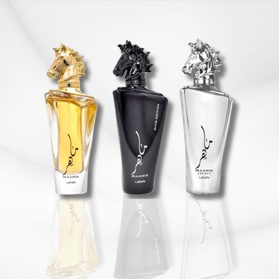 Lattafa Perfumes Maahir, Maahir Black Edition &amp; Maahir Legacy EDP - 100Ml (3.4Oz) Musk, and Vanilla Notes PREMIUM VALUE PACK