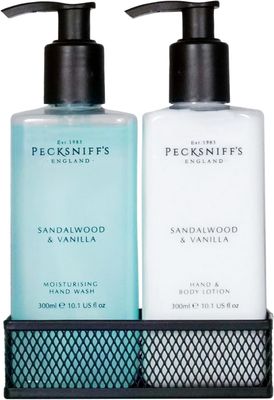 Pecksniffs Kitchen Soap Dispenser Set, Moisturizing Liquid Hand Soap Lotion Set for Kitchen Sink Bathroom Countertop with Black Metal Mesh Caddy, 10.14 Fl oz (Sandalwood and Vanilla)