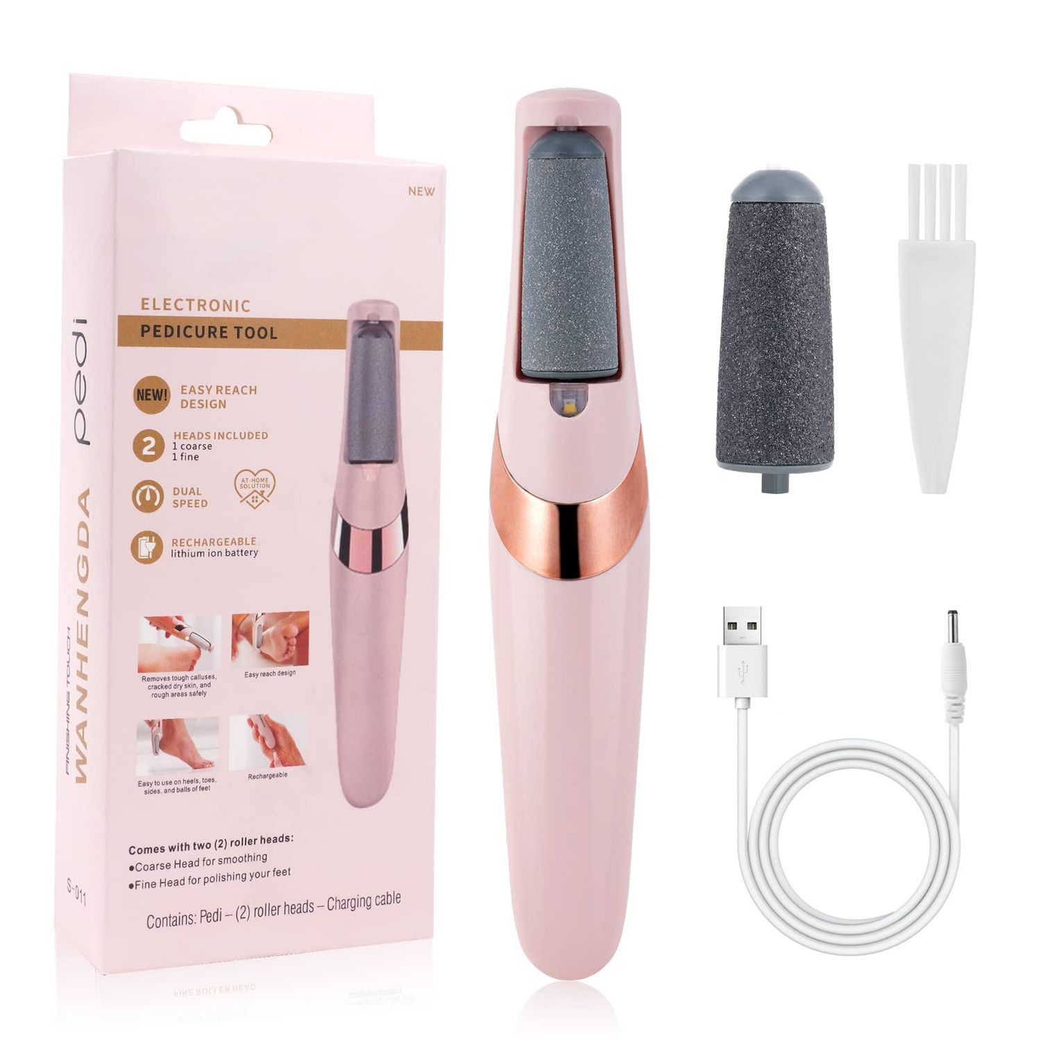 AOOWU Electric Foot File, USB Rechargeable Feet Callus Remover with 2 Speed of Replacement Rollers &amp; LED Lights, Professional Hard Skin Remover Foot Care Tools for Cracked Heels Calluses &amp; Dead Skin