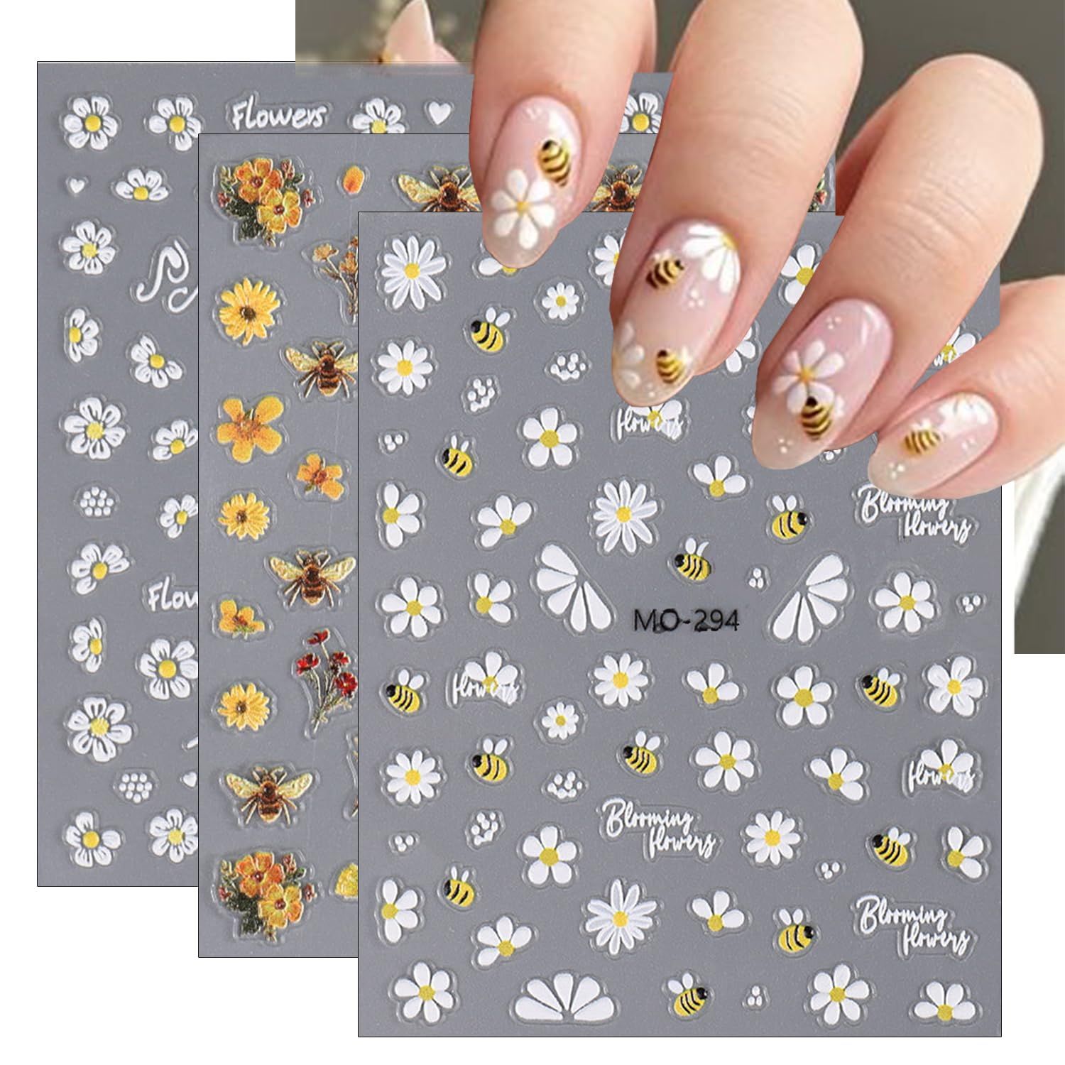 Flower Nail Art Stickers 5D Embossed Cute Bee Nails Decals Spring Daisy Design Fall Flowers Nails Art Decoration Self-Adhesive Nail Supplies for Women Girls Manicure Accessories, 3pcs