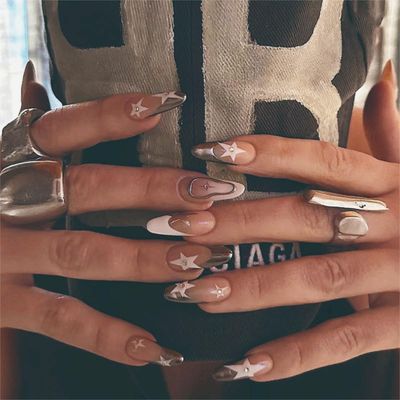 MERVF Medium Press on Nails Almond Fake Nails Gold French Tip Glue on Nails with Y2K Star Design Stiletto Acrylic False Nails Press ons 24pcs Glossy