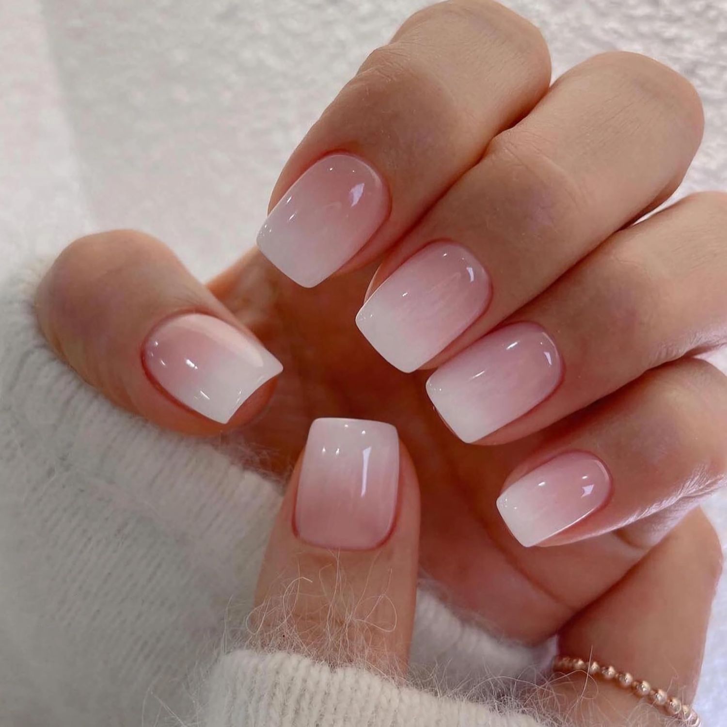 Qsnidy Press on Nails Square - French Ombre Pink Fake Nails Short Acrylic Full Cover Glue on Nails in 12 Sizes - 24 Piece Nail KitNatural Fit for Women &amp; Girls Daily Wear