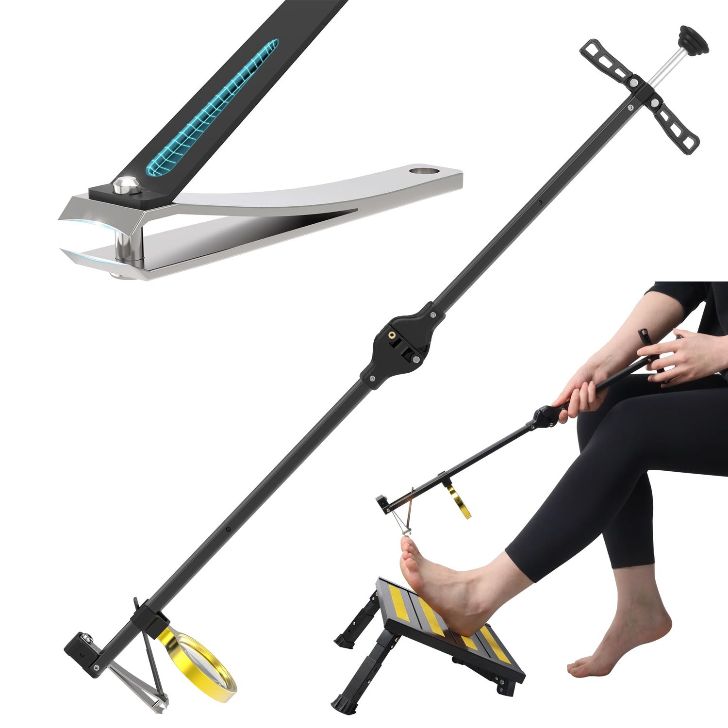 Foldable Extended Long Handle Toenail Clippers with Magnifier-4mm Wide Jaw &amp; Ergonomic Design for Seniors, Arthritis&amp; Limited Mobility | Heavy-Duty, No-Bend Trimming, Tool-Free Foldable (24 Black)