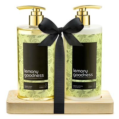 16 fl oz Lemon Citrus Aromatic and Nourishing Hand Soap Set Keep Your Skin Incredibly Soft &amp; Clean in a Wooden Holder Unisex Formula Luxury Body Care for Women and Men