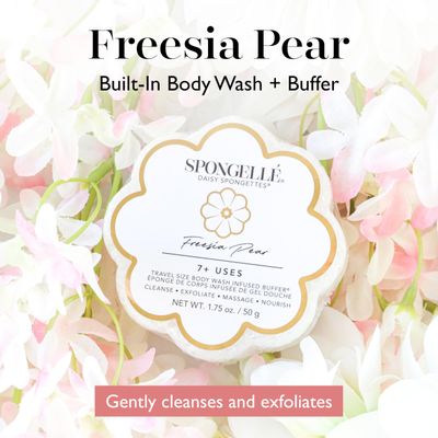 Spongelle Freesia Pear Spongette Loofah Body Scrubber | Bath & Shower Loofah for Women | Body Scrubber Exfoliator with Body Wash Infused Sponge | 5 uses | Fresh Freesia, Juicy Pear & Musk