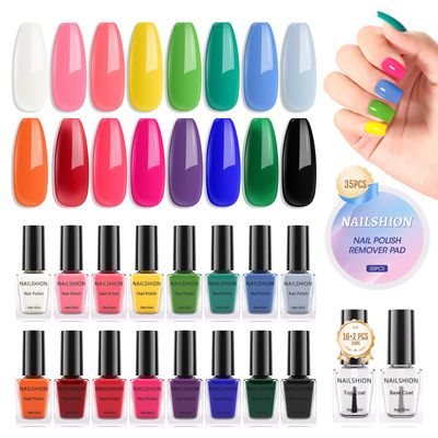 Nailshion Nail Polish | 16 Colors 10ML Rainbow Air Dry Regular Nail Polish Set with Base Top Coat and Remover Pads Spring Summer Classic Fingernail Polishes Non-gel Bulk Gift for Nail Art Lovers