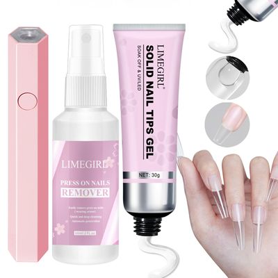 Limegirl 3 in 1 Solid Nail Glue Kit, 30g Super Strong for Press On Nails, 60ml Remover, Fast Curing Mini Lamp for Gel X Kit With Everything - Long Lasting 28 Days