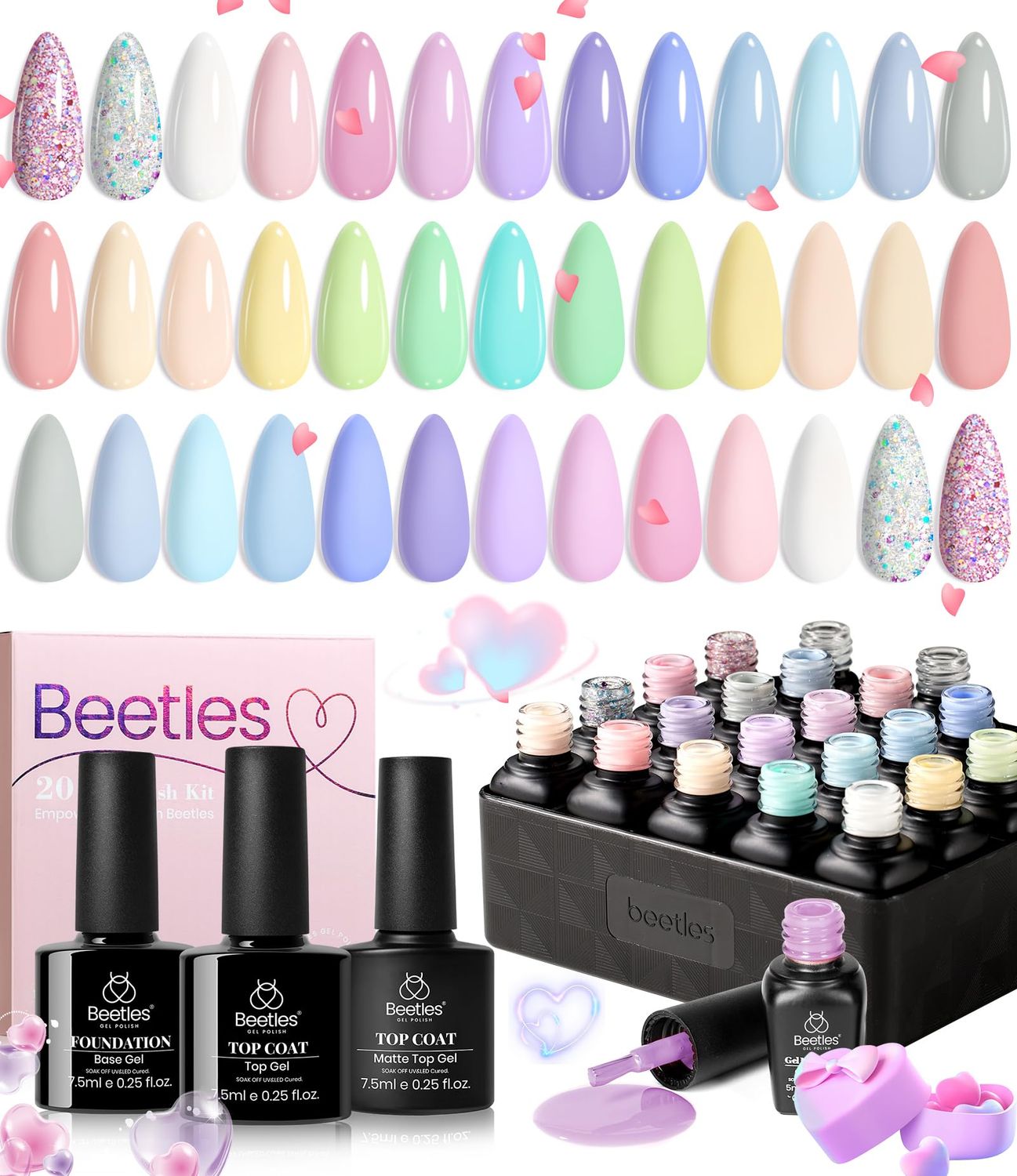beetles Gel Polish Set - 23Pcs Pastel Nail Set with Glossy &amp; Matte Top Coat Base Coat, Yellow Pink White Purple Blue Bright Color Macaroon Glitter Uv Nails Paradise Gel Polish Gift for Women &amp; Girls
