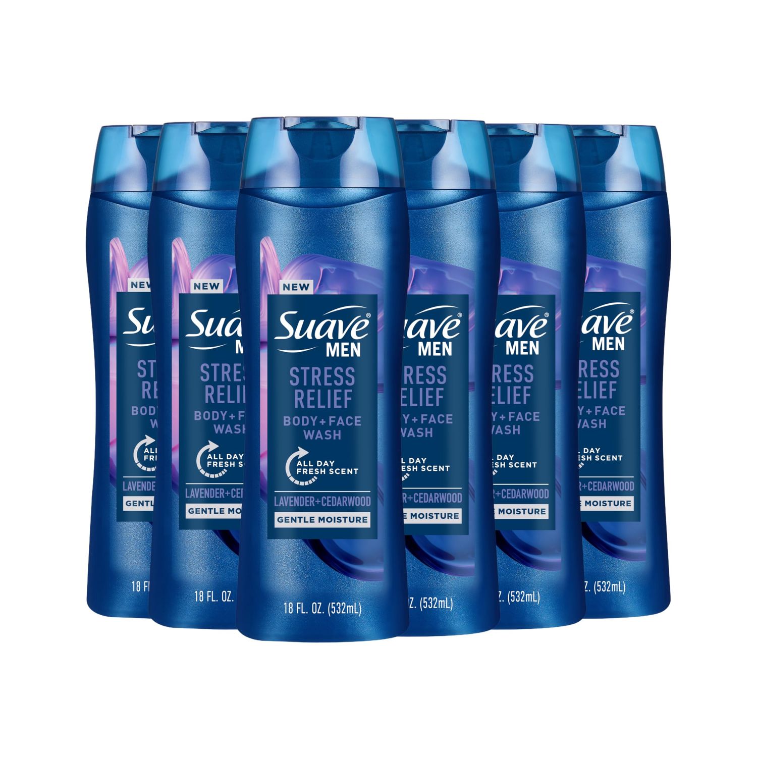 Suave Mens Stress Relief Body Face Wash, Gentle Moisture with Lavender &amp; Cedarwood All Day Fresh Scent, 18 oz, 6 Pack