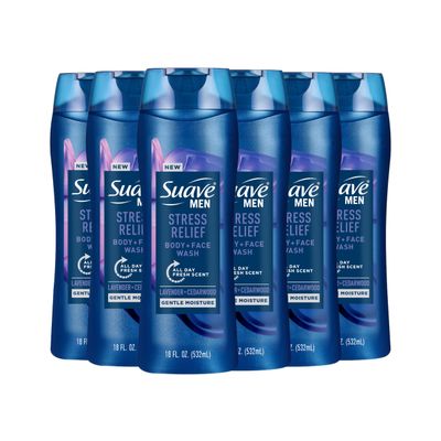 Suave Mens Stress Relief Body Face Wash, Gentle Moisture with Lavender &amp; Cedarwood All Day Fresh Scent, 18 oz, 6 Pack