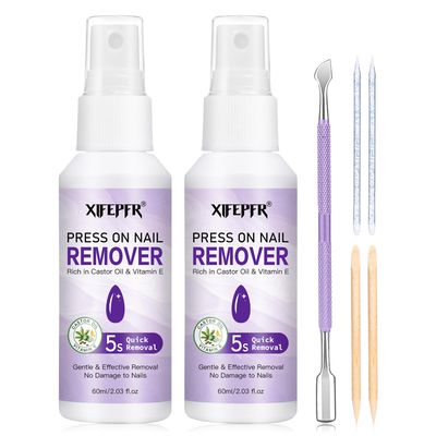 XIFEPFR Nail Glue Remover Valentines Gift Kit, 2pcs Press on Nail Remover with Removal Tools, Easy Remove Solid Nail Glue Gel On Fake Nail Tips in 5s, Non-Acetone, Not for UV Gel or Gel Nail Polish
