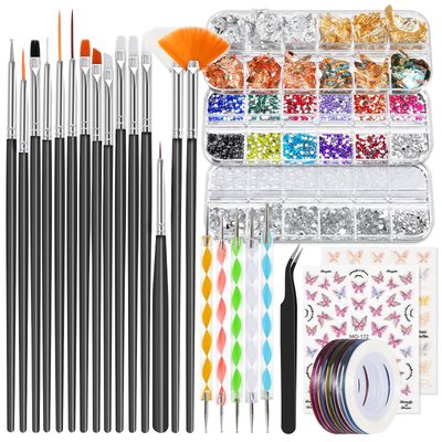 36 in 1 Professional Nail Art Kit, Brushes &amp; Dotting Pens Set with Rhinestones, Pearls, Metallic Foil Flakes, Striping Tape, Butterfly Stickers, Manicure Design Tools for DIY, Salon, Beginners (Black)