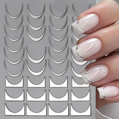 SHUXILIN 8 Sheets French Stripe Line Nail Stickers, Gold Silver Geometric Waved Nail Design, Self-Adhesive Metal Strip French Nail Decals, DIY Nail Art Decoration Kits