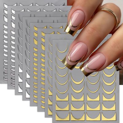 SHUXILIN 8 Sheets French Stripe Line Nail Stickers, Gold Silver Geometric Waved Nail Design, Self-Adhesive Metal Strip French Nail Decals, DIY Nail Art Decoration Kits