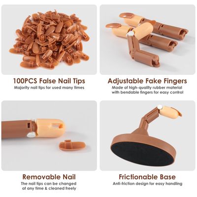 Acrylic Nail Practice Finger Kit, BORNBYME Acrylic Nail Training with 1 Base Stand, 3 Adjustable Fake Fingers, 100 Brown Nail Tips, Movable Training Nail Practice for Nail Beginner