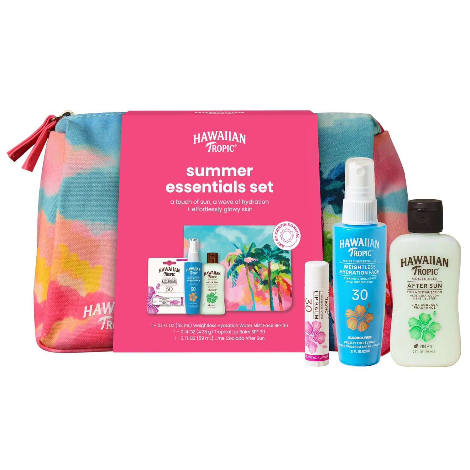 Hawaiian Tropic Summer Essentials Set - Includes Travel Size Sunscreen for Face, SPF Lip Balm, After Sun Lotion &amp; Kristin Konefal Bag | Sunscreen Set, Beach Essentials, Beach Gifts, Travel Kit