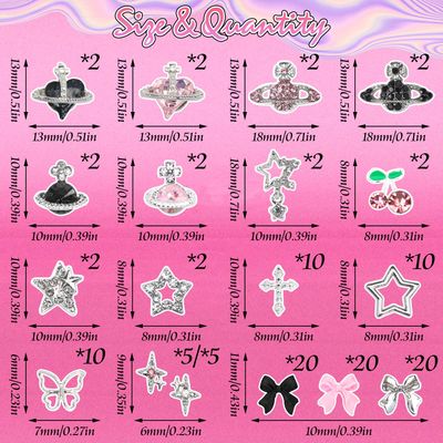 BELICEY 120Pcs 3D Nail Charms Pink Black Silver Bow Nail Charms Y2k Star Planet Cross Charms and Gems Pink Crystal Rhinestones Nail Jewelry for DIY Nail Art Design Crafts