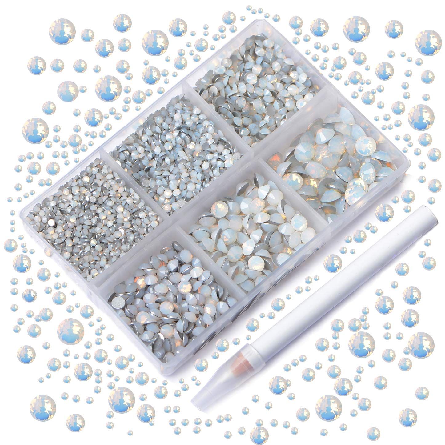AD Beads 4300 Pieces Flat Back Nail Art Rhinestones Round Beads 6 Sizes (2-6.5mm) with Storage Organizer Box,Rhinestones Picking Pen for Nail Art Phone Decorations Crafts DIY (Opal White)