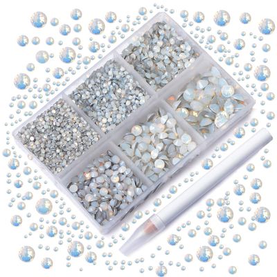 AD Beads 4300 Pieces Flat Back Nail Art Rhinestones Round Beads 6 Sizes (2-6.5mm) with Storage Organizer Box,Rhinestones Picking Pen for Nail Art Phone Decorations Crafts DIY (Opal White)