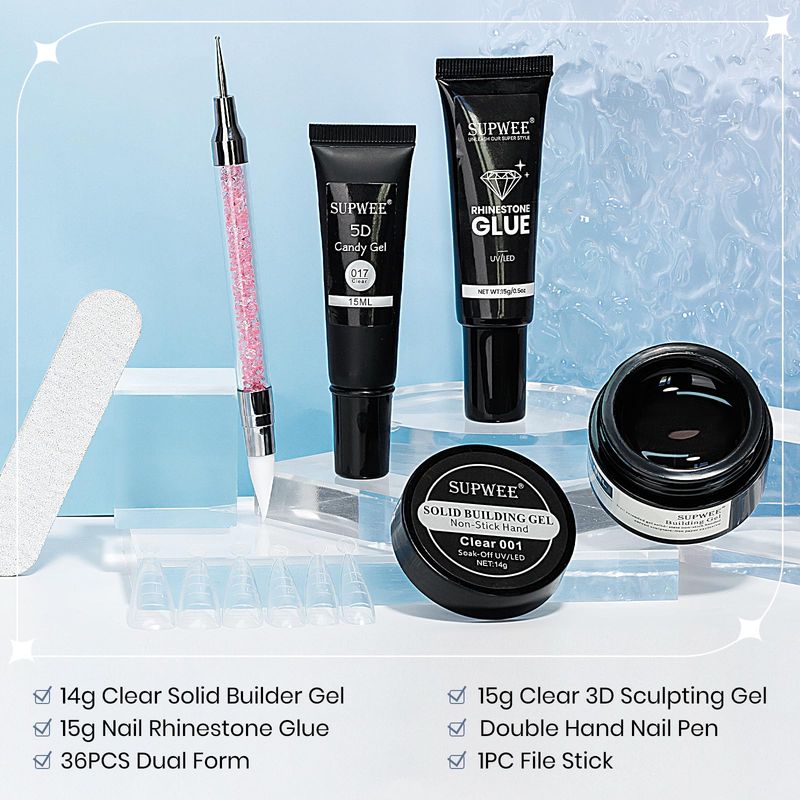 SUPWEE Solid Builder Gel for Nails 3D Nail Sculpture Gel and Nail Rhinestone Glue 3d Gels Nails Art Clear Hard Gels for Christmas Home DIY Manicure