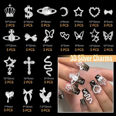 105 Pcs SilverGold Nail Gems Charms, Planet Crown Dollar Nail Gems Snake Star Bow Nail Charms 3D Cross Nail Art Jewelry Charms Gold Dollar Charms for Nail Art DIY Jewel Accessories