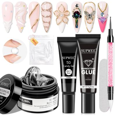 SUPWEE Solid Builder Gel for Nails 3D Nail Sculpture Gel and Nail Rhinestone Glue 3d Gels Nails Art Clear Hard Gels for Christmas Home DIY Manicure