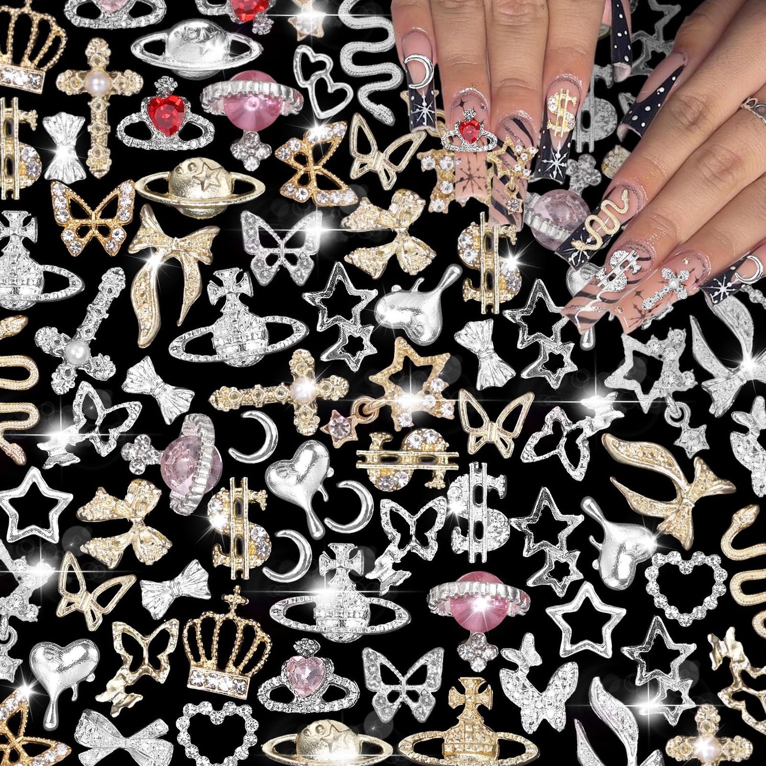 105 Pcs SilverGold Nail Gems Charms, Planet Crown Dollar Nail Gems Snake Star Bow Nail Charms 3D Cross Nail Art Jewelry Charms Gold Dollar Charms for Nail Art DIY Jewel Accessories
