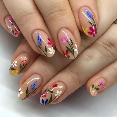 Almond Spring Press on Nails Colorful Flower Fake Nails Glossy Finish Acrylic Nails Press ons with Flowers Designs Cute Floral Finger Manicure Nail Kit Spring Summer Glue on Nails for Women 24Pcs