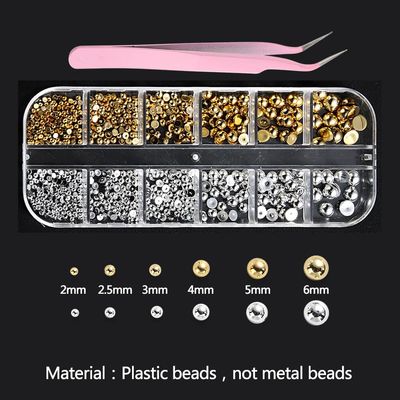 FSpronail Gold and Silver Color Painted Semi-Circular Plastic Beads Nail Decoration Flatback Half Round Caviar Jewelry Gem for Nail Art Ornament Face Body Makeup(2/2.5/3/4/5/6/mm) with Tweezers Tool