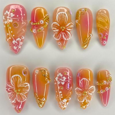 Spring Hibiscus Press on Nails Almond Medium Fake Nails with 3D Gold Pearl Rhinestones Designs Flowers Acrylic Nails Pink Yellow Gradient False Nails Full Cover Glossy Stick on Nails for Women 24Pcs