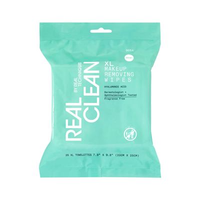 Real Techniques Real Clean XL Hydrating Facial Wipes, Infused With Hyaluronic Acid, Dual-Usage Cleansing Wipes Repair Skin &amp; Gently Remove Makeup, Fragrance Free, 25 Count