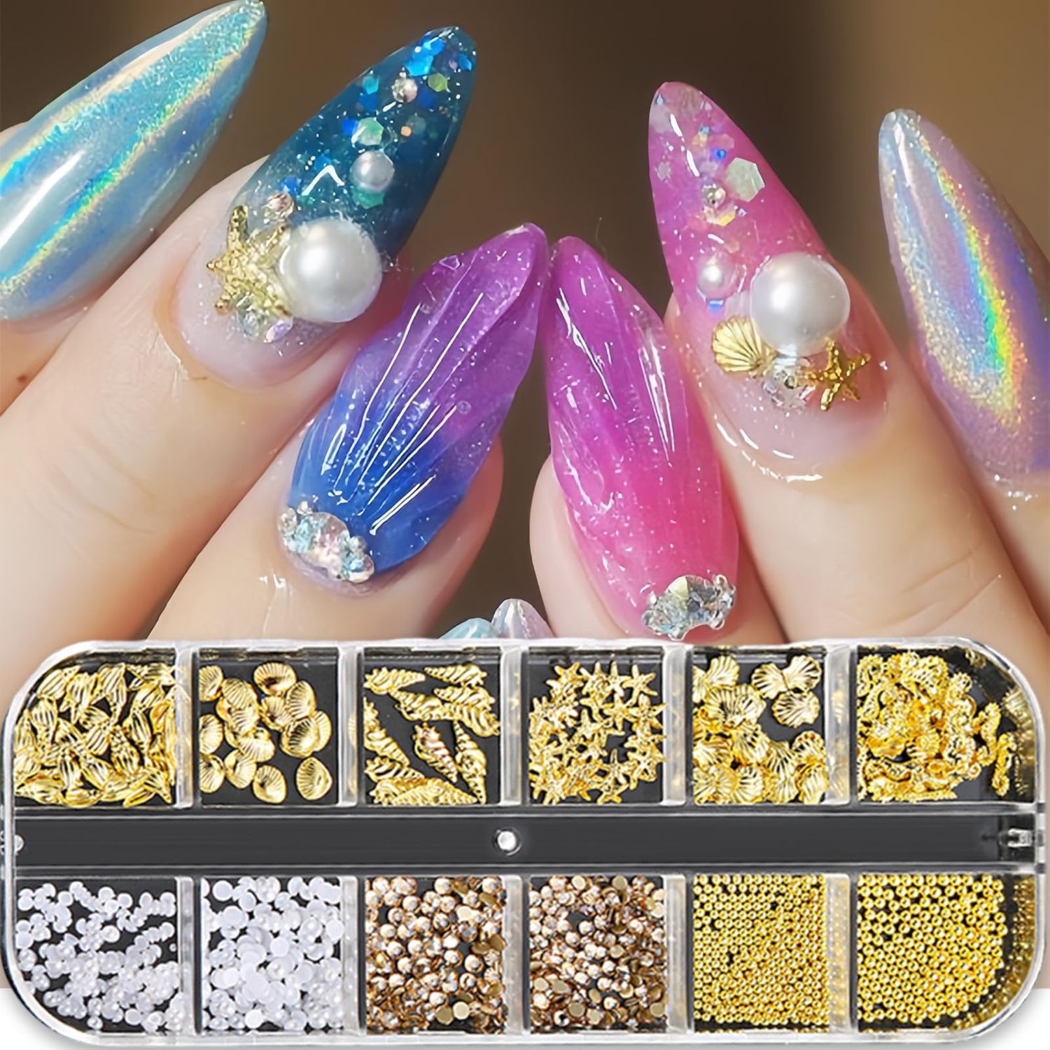 3D Summer Metal Nail Charms Mix Shapes Shell Starfish Design Rhinestones Gems Jewels Sparkles Flakes Seahorse Nail Decorations for Women Manicure DIY(12Grid)