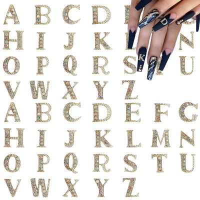 Pizadix 52 Pcs 3D Gold AB Nail Charms Letters Initial Charms for Nails Nail Letter Charms Alphabet Rhinestone Letter Nail Charms for Nail Art Design Decoration DIY Craft