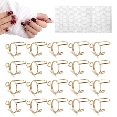 20 Piece Wudu Nail Rings, Wsimily Gold Adjustable Nail Rings Detachable Reusable Metal No Glue Nails Jewelry for Women Wearing Manicure Acrylic Nail Art Decoration with 120 Piece Adhesive Nail Tabs
