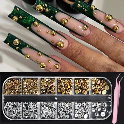 FSpronail Gold and Silver Color Painted Semi-Circular Plastic Beads Nail Decoration Flatback Half Round Caviar Jewelry Gem for Nail Art Ornament Face Body Makeup(2/2.5/3/4/5/6/mm) with Tweezers Tool
