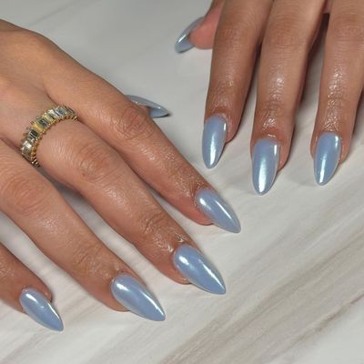 Blue Glazed Donut Press on Nails Almond, Light Blue Chrome Nails Press ons for Women, Thick Aurora Glue on Nails Medium Length, Reflective Mirror Shinny Acrylic Nails Light Weight & Fit Perfectly