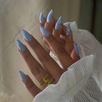Blue Glazed Donut Press on Nails Almond, Light Blue Chrome Nails Press ons for Women, Thick Aurora Glue on Nails Medium Length, Reflective Mirror Shinny Acrylic Nails Light Weight &amp; Fit Perfectly