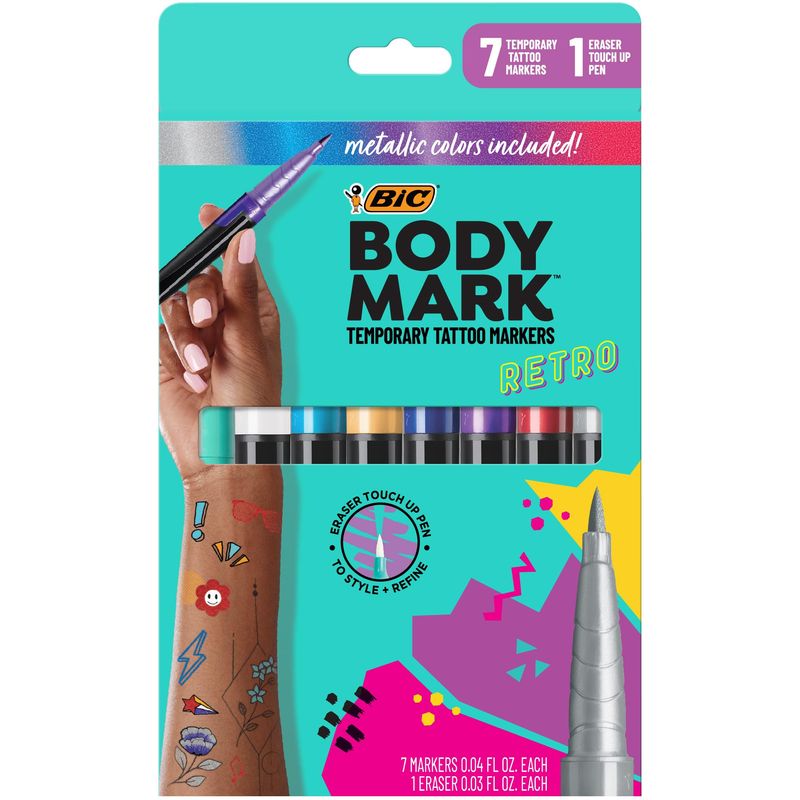 BodyMark 90s Pack Temporary Tattoo Markers for Skin, 4 Metallic, 3 Bold Colors, 1 Eraser Pen, Flexible Brush Tip, Skin-Safe, Cosmetic Quality, 8-Count