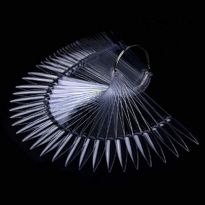 2 Sets 100 Tips Fan Shape Plastic Nail Art Tips Display Polish Board Display Practice Sticks with Metal Split Ring Holder (Clear Color)