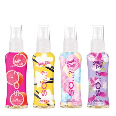 So? Body Mist Set - Body Spray for Women - Cruelty Free, Vegan Perfumes for Women - 650 to 1000 Sprays - Travel Size Gift Set - 4 pcs