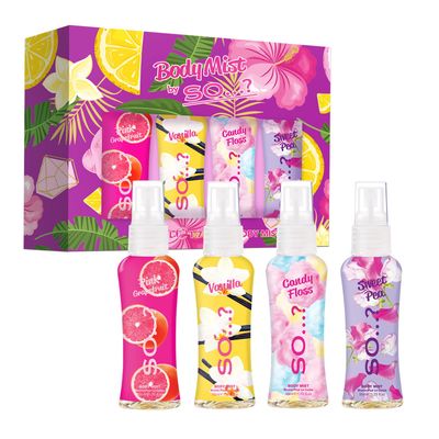 So? Body Mist Set - Body Spray for Women - Cruelty Free, Vegan Perfumes for Women - 650 to 1000 Sprays - Travel Size Gift Set - 4 pcs