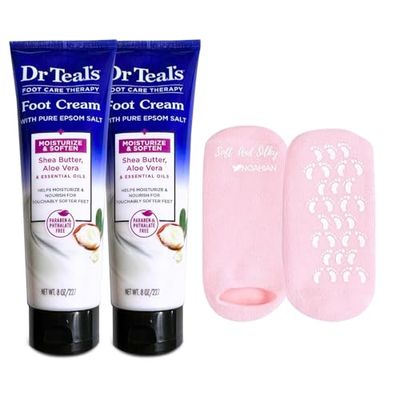 Pure Epsom Salt Foot Cream Gift Set (2 Pack, 8oz Each) - Foot Lotion with Shea Butter &amp; Aloe Vera Essential Oils, Bundled with NOAHIAN Soft and Silky Gel Socks
