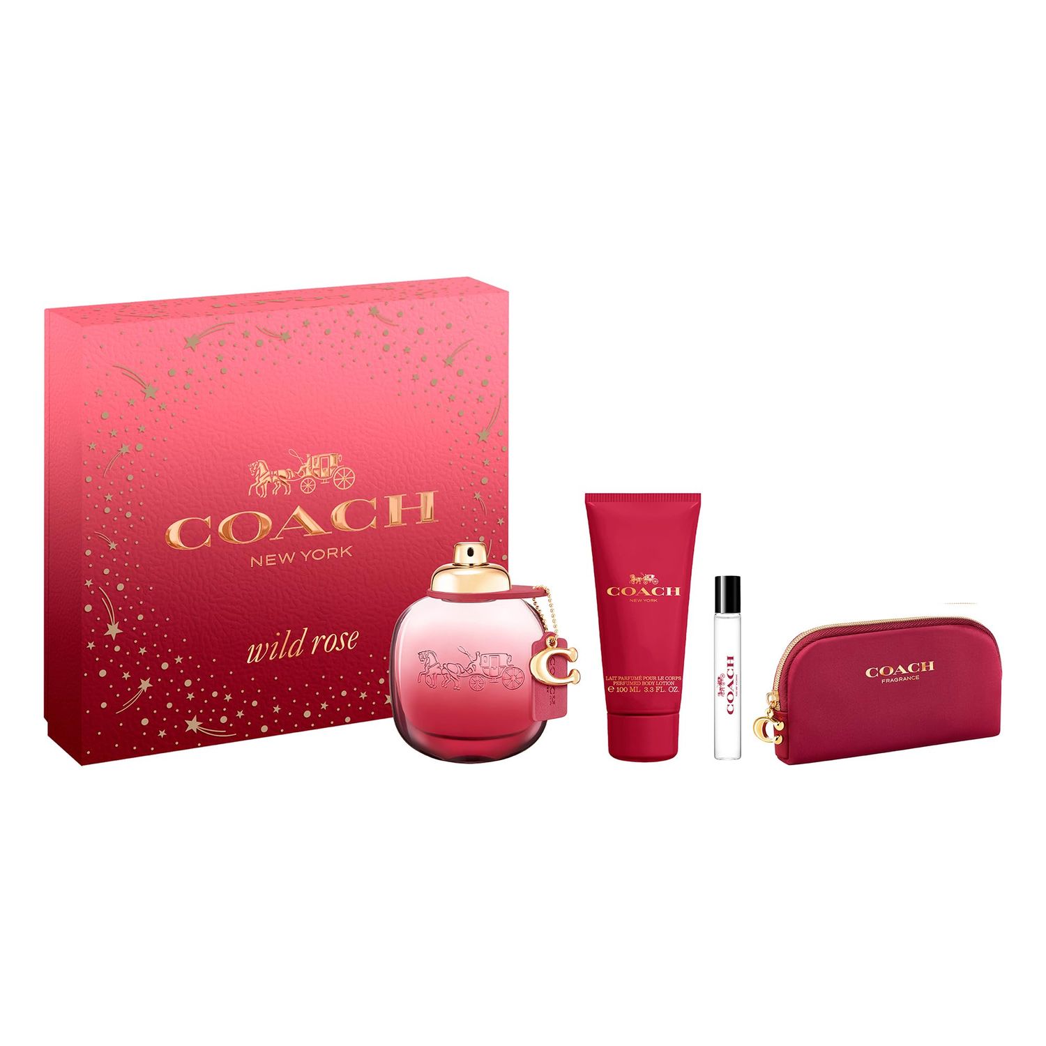 Coach Wild Rose Eau de Parfum 4 Piece Set - 3.0 fl. oz. &amp; 0.25 fl. oz. Spray, 3.3 fl. oz. Body Lotion, Pouch - Long Lasting Fragrance with notes of Redcurrant, Wild Rose &amp; Ambroxan - Floral &amp; Gourmand
